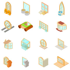 Window material icons set. Isometric set of 16 window material vector icons for web isolated on white background