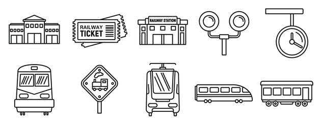 Railway train station icons set. Outline set of railway train station vector icons for web design isolated on white background