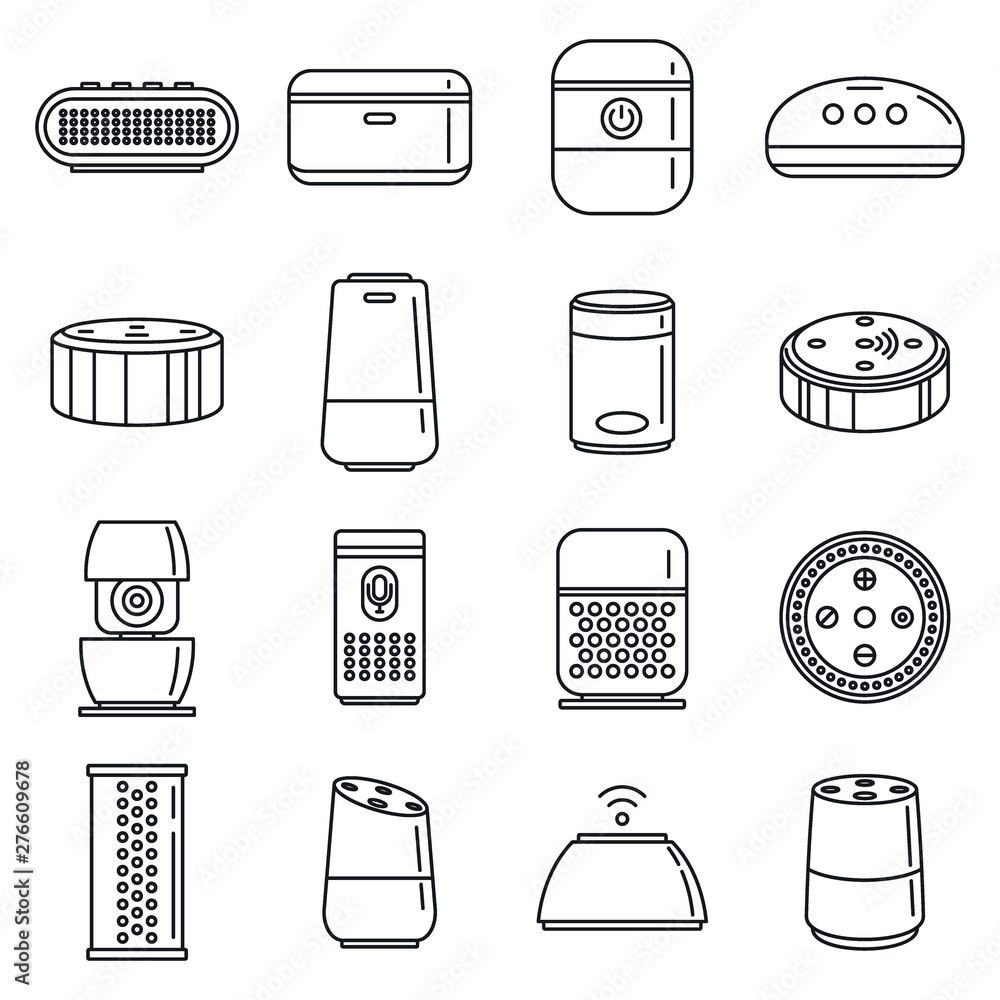 Poster home smart speaker icons set. outline set of home smart speaker vector icons for web design isolated
