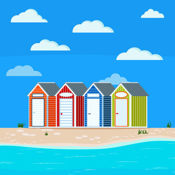 Summer sea side landscape with grass, huts, sand, stones, clouds, Cute blue, green, orange, red striped house with nameplaten on the beach for rent sport equipment, Flat cartoon vector illustration.