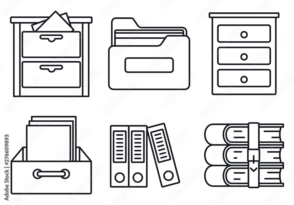 Poster archive library icons set. outline set of archive library vector icons for web design isolated on wh
