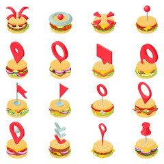 Hamburger steak icons set. Isometric set of 16 hamburger steak vector icons for web isolated on white background