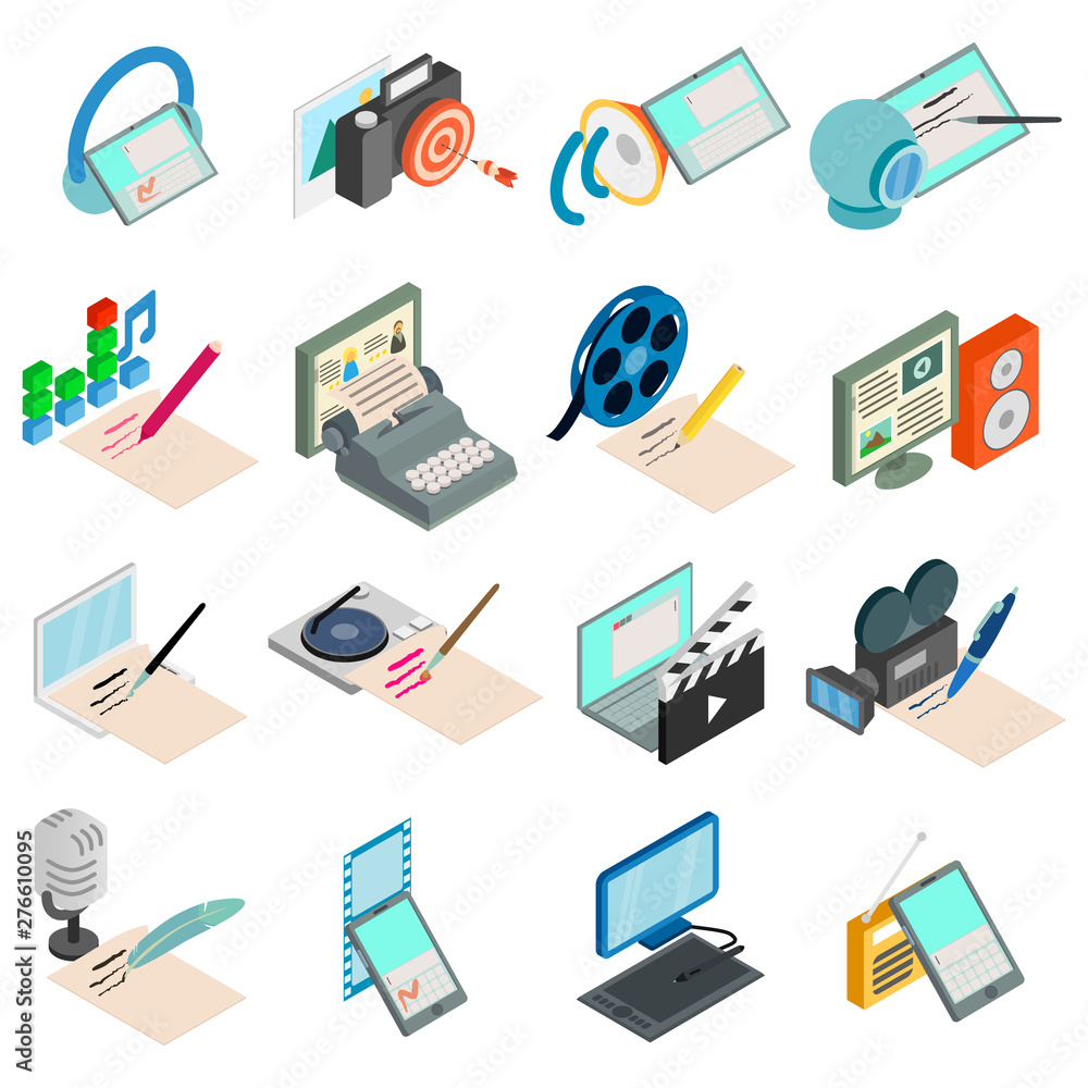 Poster script writer icons set. isometric set of 16 script writer vector icons for web isolated on white ba
