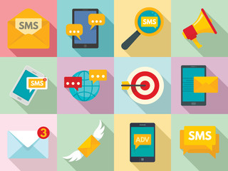 Sms marketing icons set. Flat set of sms marketing vector icons for web design