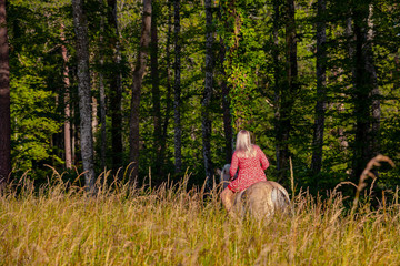 Naklejka na ściany i meble junge Frau im roten Sommerkleid reitet auf einem Pferd neben dem Wald und einem Weizenfeld bei wunderschönem Sommerwetter