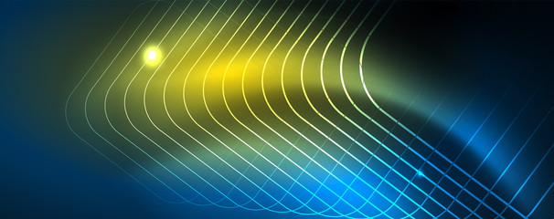 Neon glowing techno lines, hi-tech futuristic abstract background template, vector
