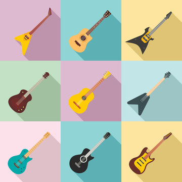 Guitar icons set. Flat set of guitar vector icons for web design