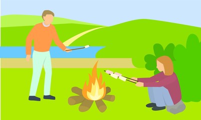 Couple cooking marshmallow concept banner. Flat illustration of couple cooking marshmallow vector concept banner for web design