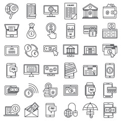 Mobile internet banking icons set. Outline set of mobile internet banking vector icons for web design isolated on white background