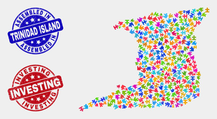 Component Trinidad Island map and blue Assembled seal stamp, and Investing textured seal stamp. Colorful vector Trinidad Island map mosaic of puzzle bricks. Red round Investing badge.