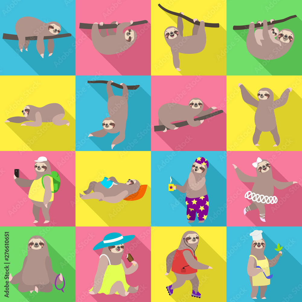 Poster sloth icons set. flat set of sloth vector icons for web design