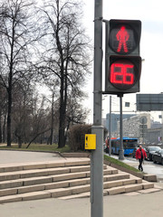 pedestrian traffic light with a burning board in Moscow Russia 09.04.2019