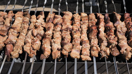 Assorted juicy natural high-calorie meat fillets on the grill. BBQ party for a big company
