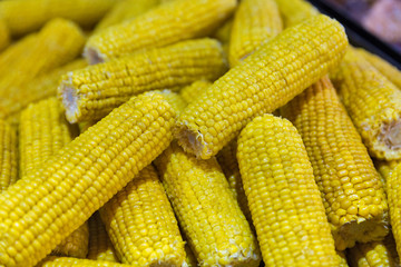 Boiled organic corn outdoors closeup.