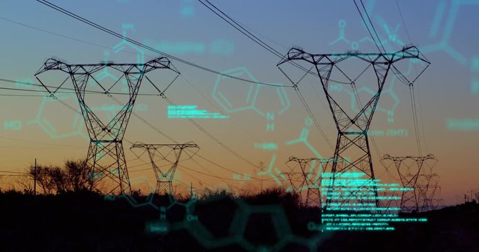 Chemical structures with program codes and a background of transmission towers