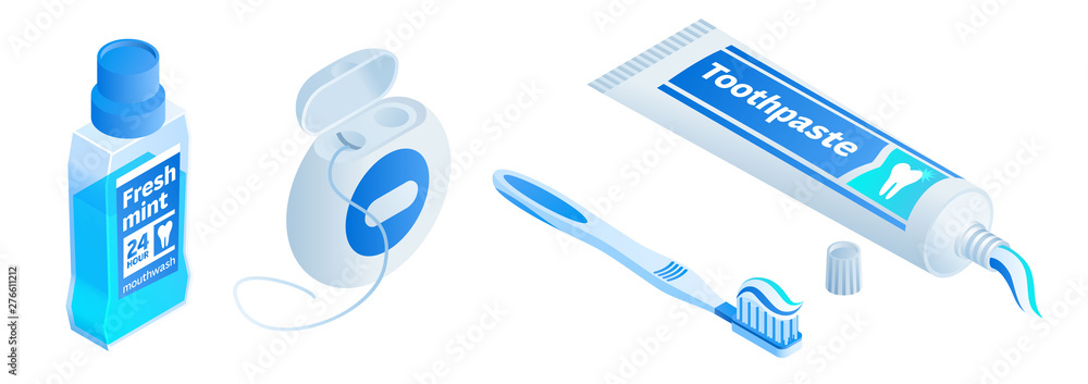 Poster toothpaste icons set. isometric set of toothpaste vector icons for web design isolated on white back