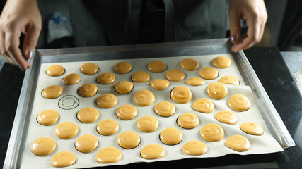 Food industry, mass or volume production. Process of making french dessert macaroon, squeezing the dough form cooking bag.