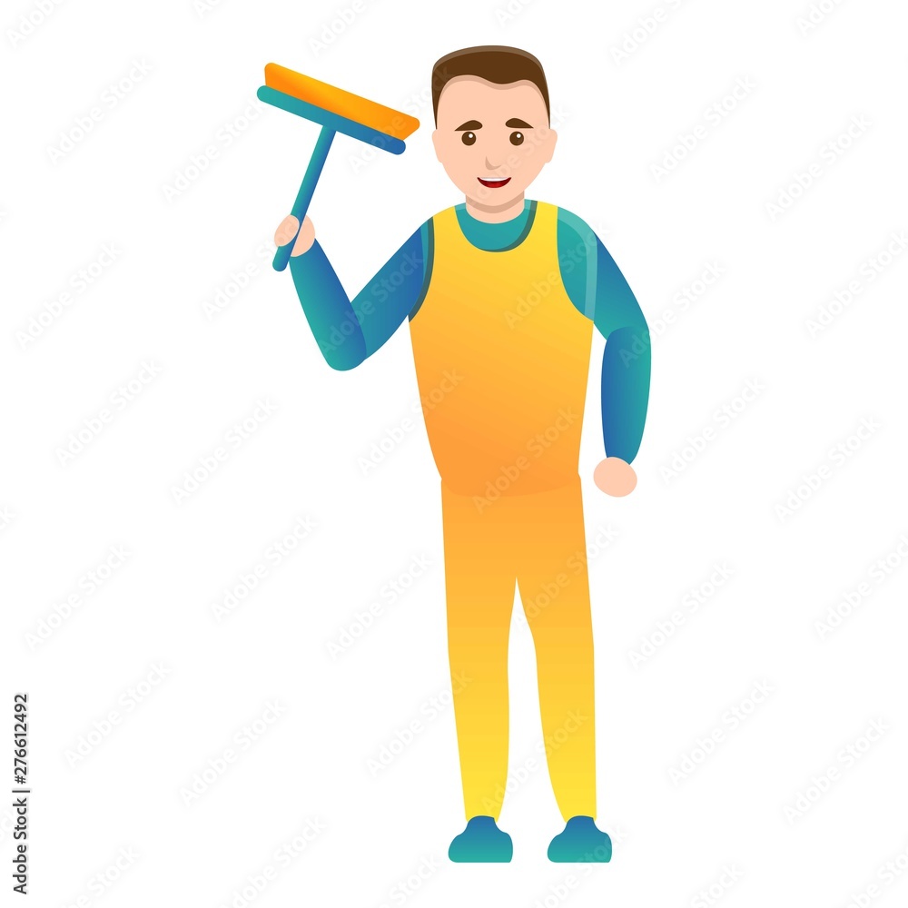 Poster man cleaning window icon. cartoon of man cleaning window vector icon for web design isolated on whit