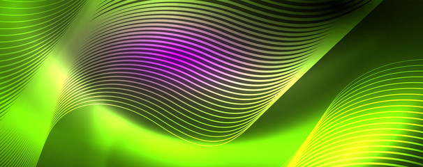 Fototapeta premium Shiny neon lights, dark abstract background with blurred magic neon light curved lines