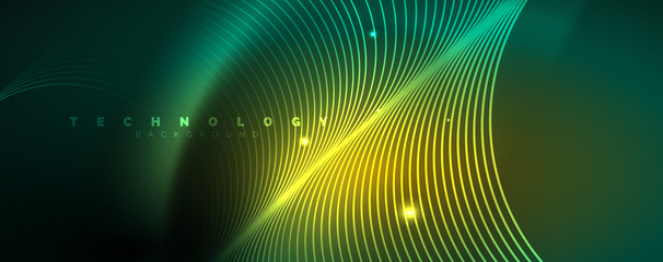 Fototapeta premium Shiny neon lines template - northern lights glowing blur lines. Futuristic style glow neon 80s disco club or night party techno template