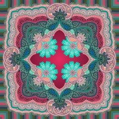 Shawl with ornate paisley ornament and mandala flower in dark crimson and green tones. Arabian, indian, persian motifs. Etnic style.