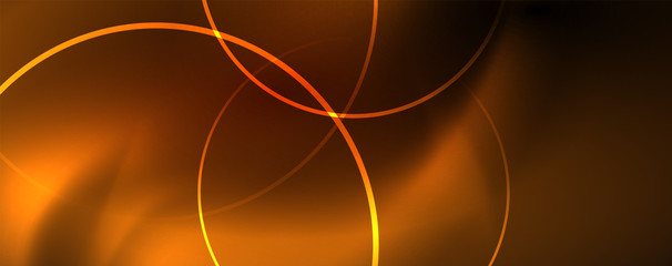 Bright neon circles and wave lines, glowing shiny background design template, digital techno concept.