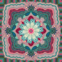 Carpet or shawl with beautiful paisley ornament and mandala flower in dark crimson and green tones. Arabian, indian, persian motifs. Etnic style.