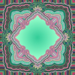 Beautiful bandana print with luxury ornamental frame in ethnic style. Indian, arabian, turkish motifs.