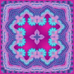Beautiful bandana print in blue, pink and lilac tones with mandalas - flowers and luxury ornamental frame in ethnic style. Indian, arabian, turkish motifs.