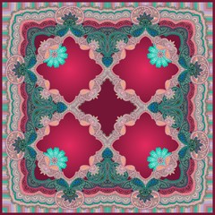 Beautiful shawl in ethnic style with mandalas flowers and paisley ornament. Luxury oriental pattern.