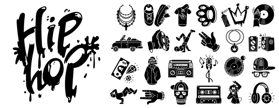 Hiphop icons set. Simple set of hiphop vector icons for web design on white background