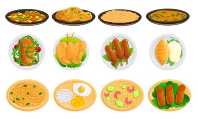 Thai food icons set. Cartoon set of thai food vector icons for web design
