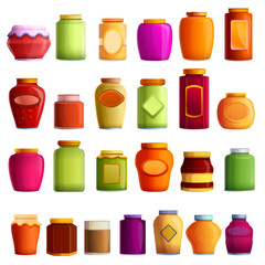 Jam jar icons set. Cartoon set of jam jar vector icons for web design