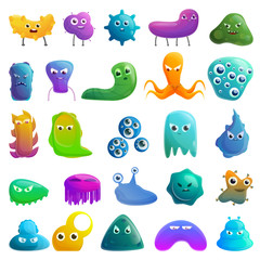 Bacteria icons set. Cartoon set of bacteria vector icons for web design