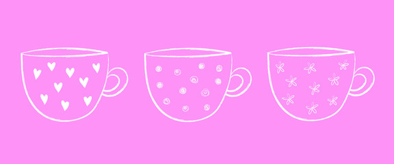 Three tea cup vector drawings with heart, circle and flower designs on a pink background