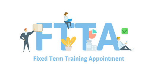 FTTA, Fixed Term Training Appointment. Concept with keywords, letters and icons. Colored flat vector illustration. Isolated on white background.