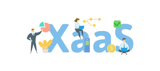 XaaS, Anything-as-a-Service. Concept with people, letters and icons. Colored flat vector illustration. Isolated on white background.