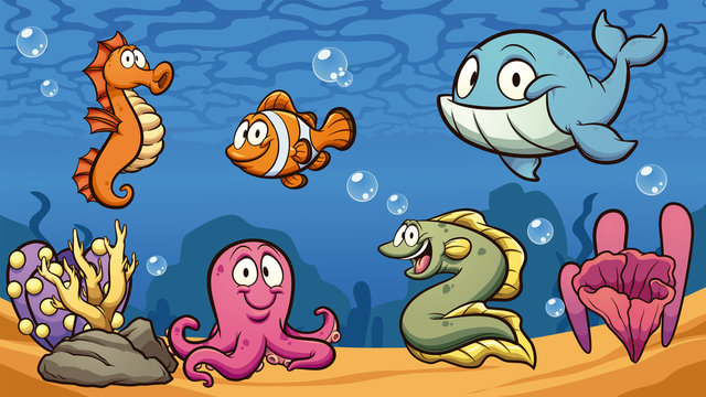 Cartoon sea creatures clip art. Vector illustration with simple gradients. Some elements on separate layers. 