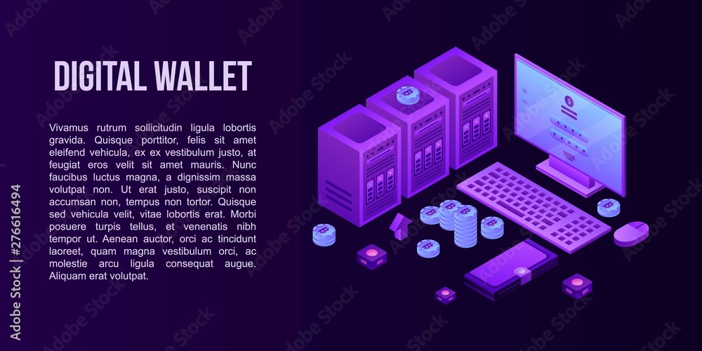 Poster digital wallet concept banner. isometric illustration of digital wallet vector concept banner for we
