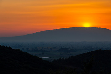 Fototapeta na wymiar Greek summer sunset near Kavala, Eastern Macedonia, Northern Greece