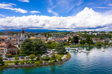 Fototapeta na wymiar Aerial view of Morges city waterfront in the border of the Leman Lake in Switzerland
