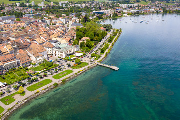 Aerial view of Morges city waterfront in the border of the Leman Lake in  Switzerland