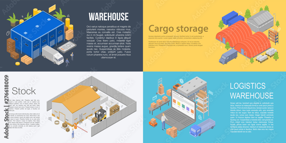 Poster warehouse building banner set. isometric set of warehouse building vector banner for web design
