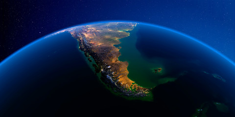 Detailed Earth at night. South America. Tierra del Fuego