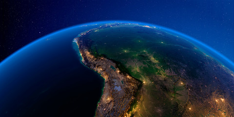 Detailed Earth at night. Central America. Bolivia, Peru, Brazil