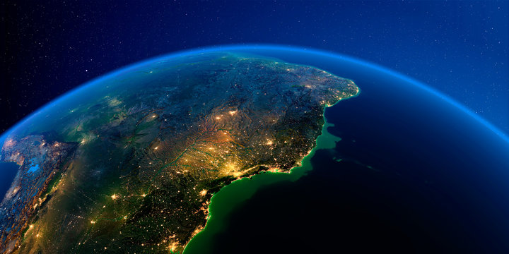 Detailed Earth at night. Central America. East Coast of Brazil