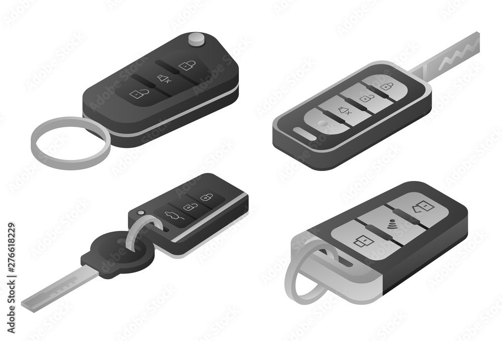 Poster car alarm system icons set. isometric set of car alarm system vector icons for web design isolated o