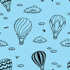 Blue Pattern with air balloons and clouds. Vector illustration.  Isolated on white background. Design for air travel or summer vacation tour, wrapping paper, scrapbooking.