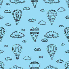 Blue Pattern with air balloons and clouds. Vector illustration.  Isolated on white background. Design for air travel or summer vacation tour, wrapping paper, scrapbooking.