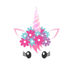 Vector flat cartoon unicorn face with pink horn and flowers isolated on white background 